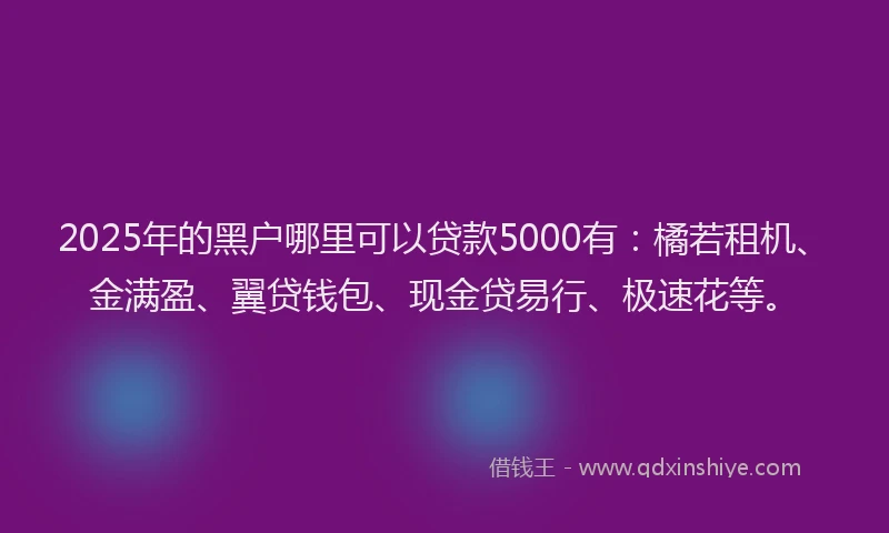 2025年的黑户哪里可以贷款5000有：橘若租机、金满盈、翼贷钱包、现金贷易行、极速花等。