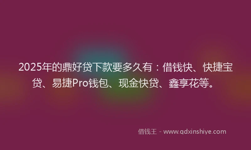 2025年的鼎好贷下款要多久有：借钱快、快捷宝贷、易捷Pro钱包、现金快贷、鑫享花等。