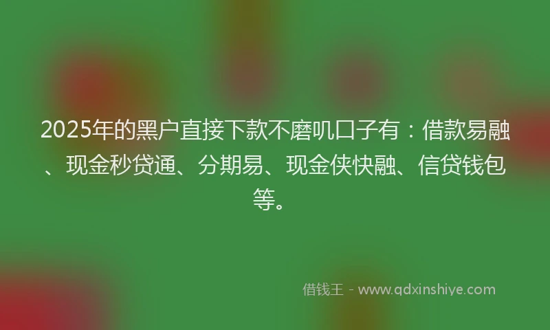 2025年的黑户直接下款不磨叽口子有：借款易融、现金秒贷通、分期易、现金侠快融、信贷钱包等。