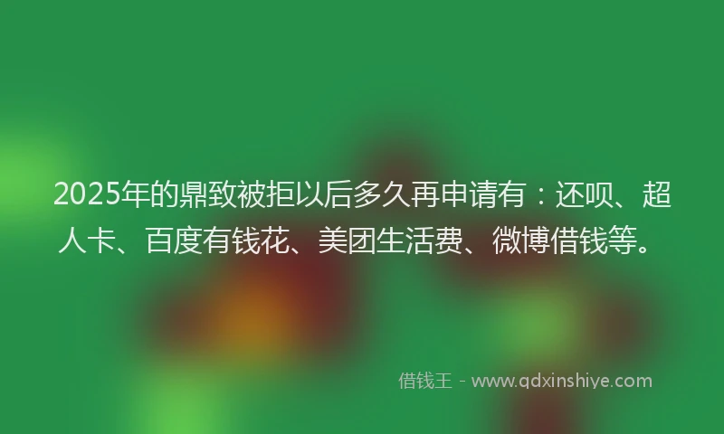 2025年的鼎致被拒以后多久再申请有:还呗、超人卡、百度有钱花、美团生活费、微博借钱等。