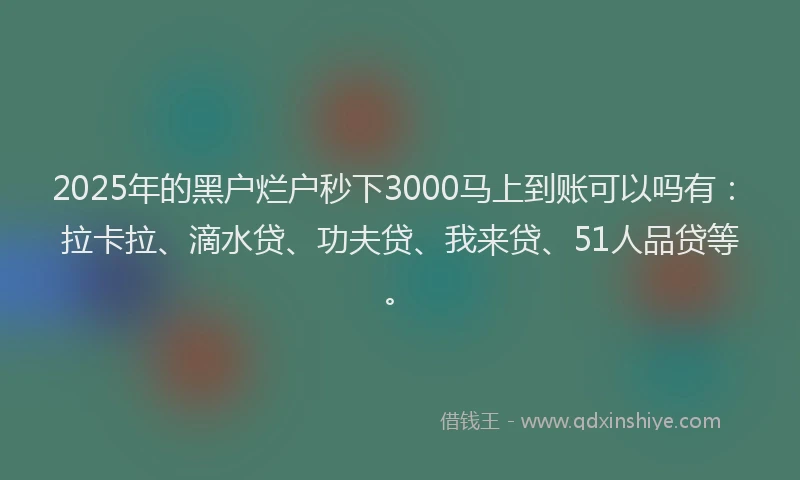 2025年的黑户烂户秒下3000马上到账可以吗有：拉卡拉、滴水贷、功夫贷、我来贷、51人品贷等。