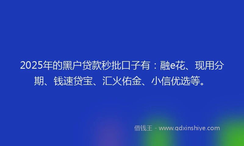 2025年的黑户贷款秒批口子有：融e花、现用分期、钱速贷宝、汇火佑金、小信优选等。