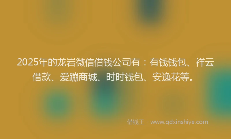 2025年的龙岩微信借钱公司有：有钱钱包、祥云借款、爱蹦商城、时时钱包、安逸花等。
