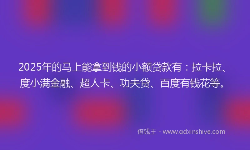 2025年的马上能拿到钱的小额贷款有：拉卡拉、度小满金融、超人卡、功夫贷、百度有钱花等。