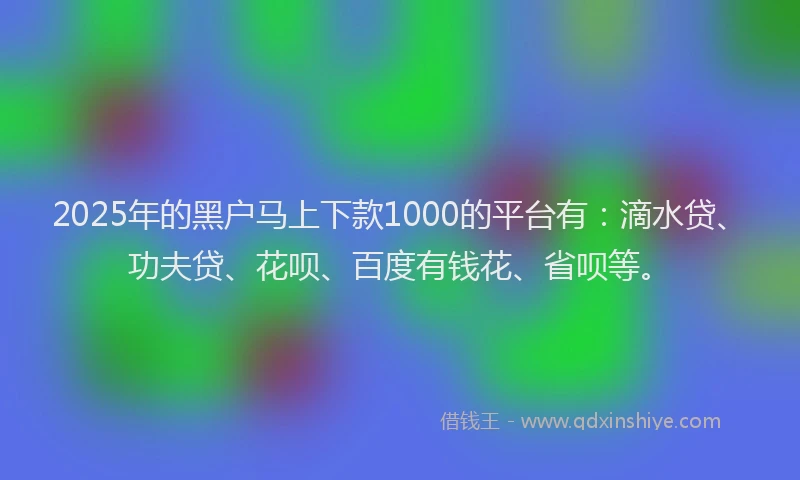 2025年的黑户马上下款1000的平台有：滴水贷、功夫贷、花呗、百度有钱花、省呗等。