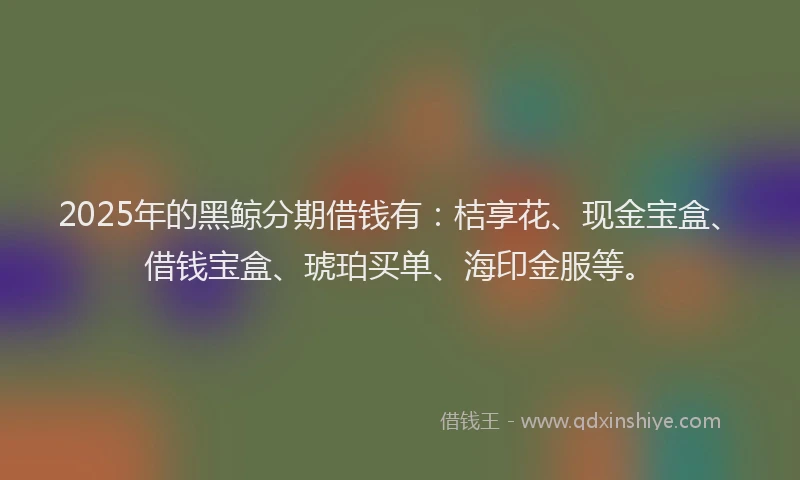 2025年的黑鲸分期借钱有：桔享花、现金宝盒、借钱宝盒、琥珀买单、海印金服等。