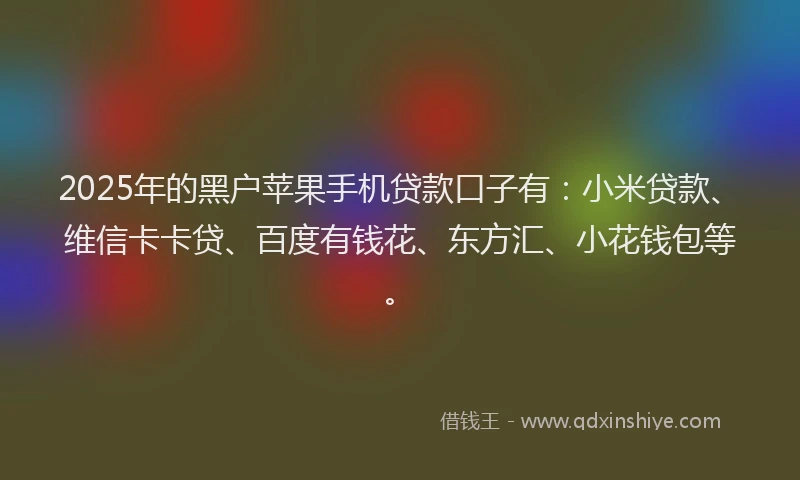 2025年的黑户苹果手机贷款口子有：小米贷款、维信卡卡贷、百度有钱花、东方汇、小花钱包等。