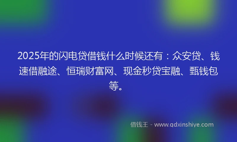 2025年的闪电贷借钱什么时候还有：众安贷、钱速借融途、恒瑞财富网、现金秒贷宝融、甄钱包等。
