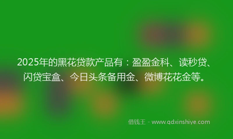 2025年的黑花贷款产品有：盈盈金科、读秒贷、闪贷宝盒、今日头条备用金、微博花花金等。