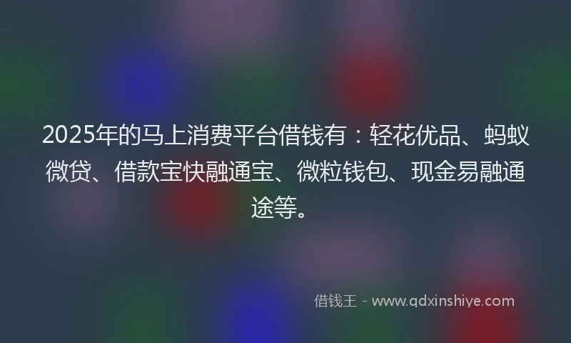 2025年的马上消费平台借钱有:轻花优品、蚂蚁微贷、借款宝快融通宝、微粒钱包、现金易融通途等。