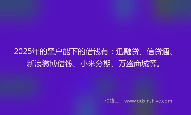 2025年的黑户能下的借钱有：迅融贷、信贷通、新浪微博借钱、小米分期、万盛商城等。