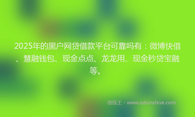 2025年的黑户网贷借款平台可靠吗有:微博快借、慧融钱包、现金点点、龙龙用、现金秒贷宝融等。