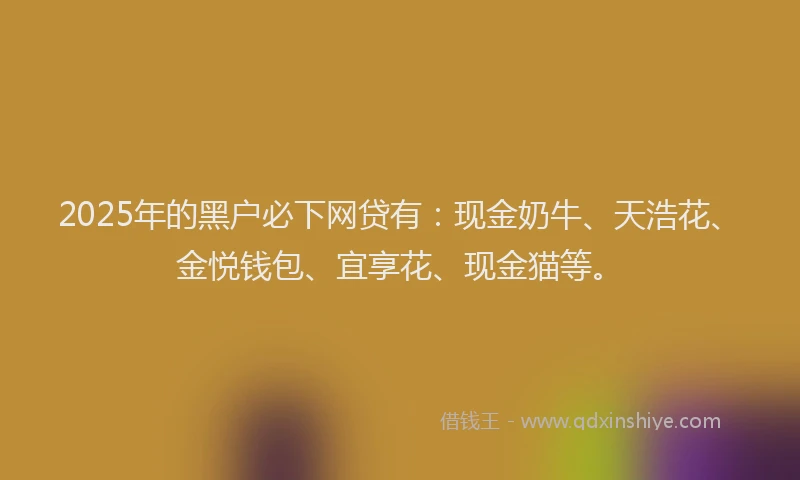 2025年的黑户必下网贷有：现金奶牛、天浩花、金悦钱包、宜享花、现金猫等。