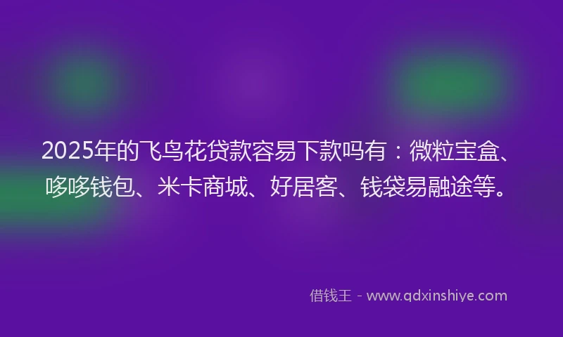 2025年的飞鸟花贷款容易下款吗有：微粒宝盒、哆哆钱包、米卡商城、好居客、钱袋易融途等。