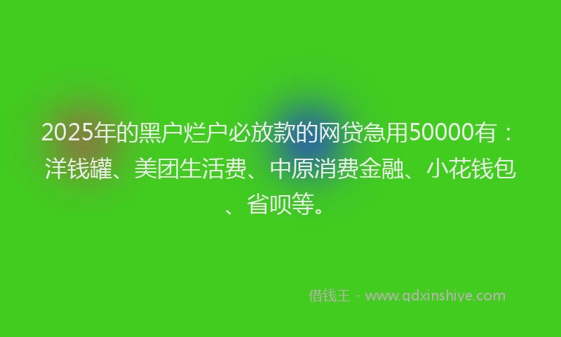 2025年的黑户烂户必放款的网贷急用50000有：洋钱罐、美团生活费、中原消费金融、小花钱包、省呗等。