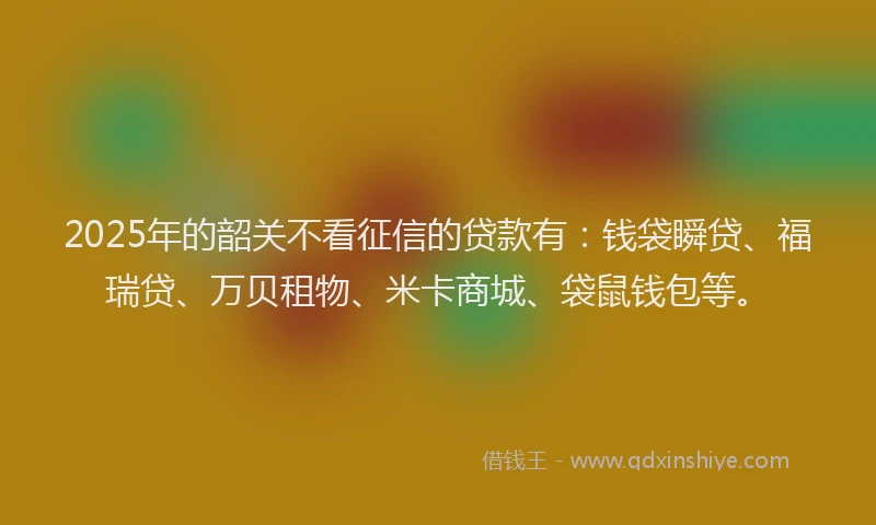 2025年的韶关不看征信的贷款有：钱袋瞬贷、福瑞贷、万贝租物、米卡商城、袋鼠钱包等。