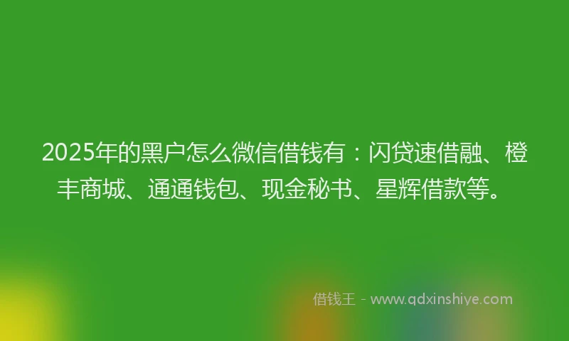 2025年的黑户怎么微信借钱有：闪贷速借融、橙丰商城、通通钱包、现金秘书、星辉借款等。