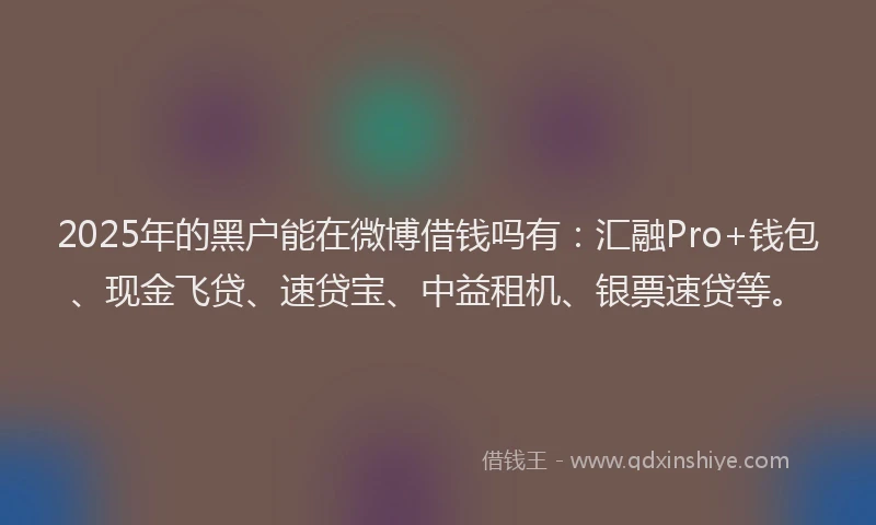 2025年的黑户能在微博借钱吗有：汇融Pro+钱包、现金飞贷、速贷宝、中益租机、银票速贷等。