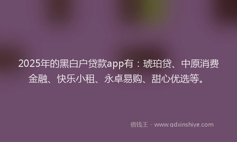 2025年的黑白户贷款app有：琥珀贷、中原消费金融、快乐小租、永卓易购、甜心优选等。