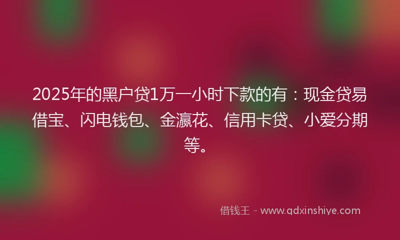 2025年的黑户贷1万一小时下款的有：现金贷易借宝、闪电钱包、金瀛花、信用卡贷、小爱分期等。