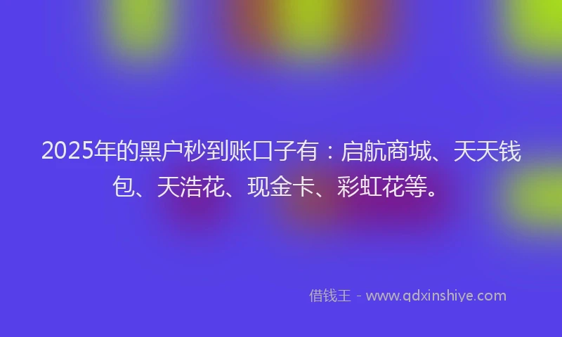 2025年的黑户秒到账口子有：启航商城、天天钱包、天浩花、现金卡、彩虹花等。