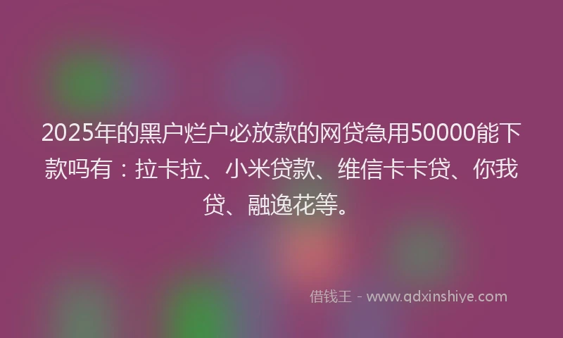 2025年的黑户烂户必放款的网贷急用50000能下款吗有:拉卡拉、小米贷款、维信卡卡贷、你我贷、融逸花等。