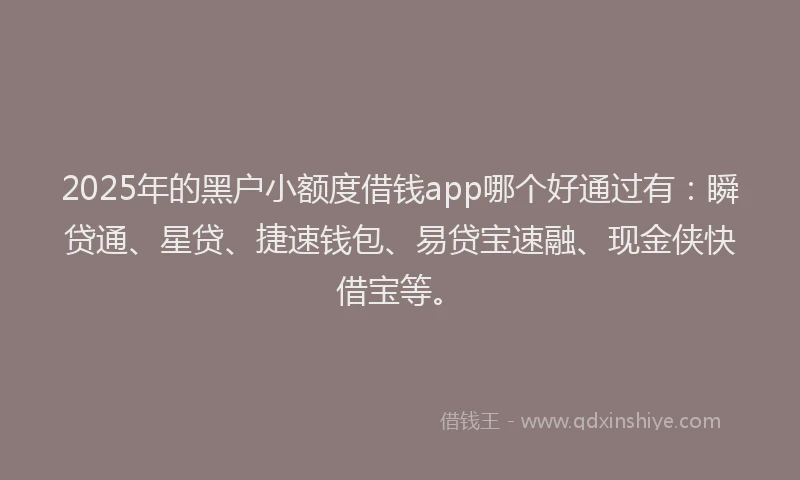 2025年的黑户小额度借钱app哪个好通过有：瞬贷通、星贷、捷速钱包、易贷宝速融、现金侠快借宝等。