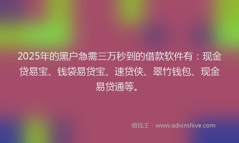2025年的黑户急需三万秒到的借款软件有：现金贷易宝、钱袋易贷宝、速贷侠、翠竹钱包、现金易贷通等。