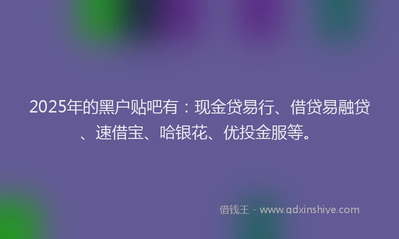 2025年的黑户贴吧有：现金贷易行、借贷易融贷、速借宝、哈银花、优投金服等。