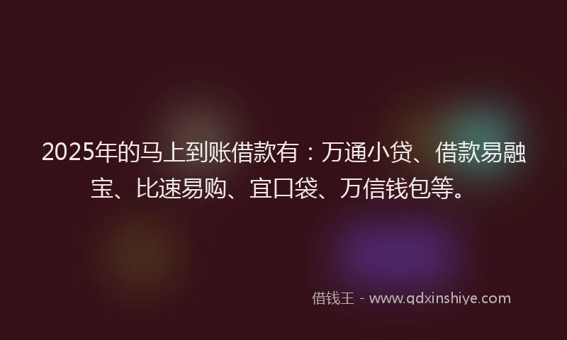 2025年的马上到账借款有:万通小贷、借款易融宝、比速易购、宜口袋、万信钱包等。