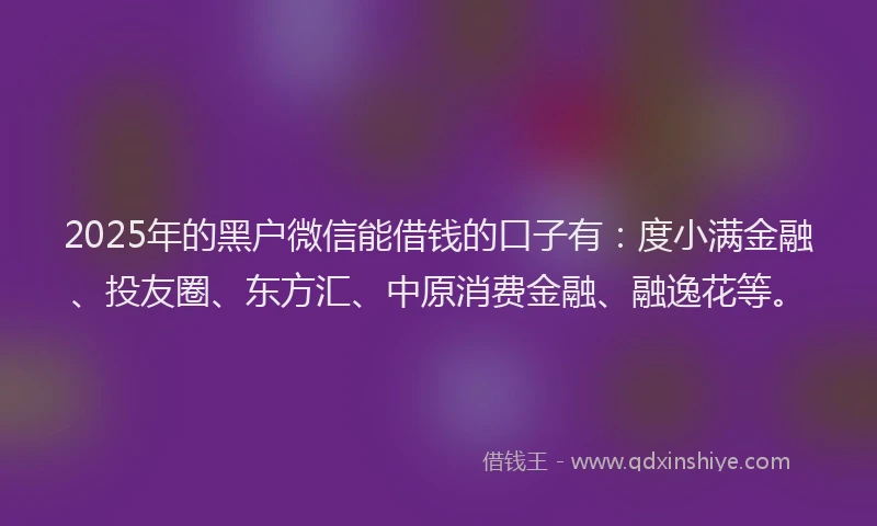 2025年的黑户微信能借钱的口子有：度小满金融、投友圈、东方汇、中原消费金融、融逸花等。
