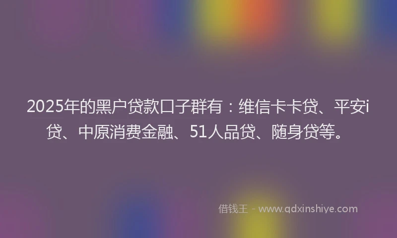 2025年的黑户贷款口子群有：维信卡卡贷、平安i贷、中原消费金融、51人品贷、随身贷等。