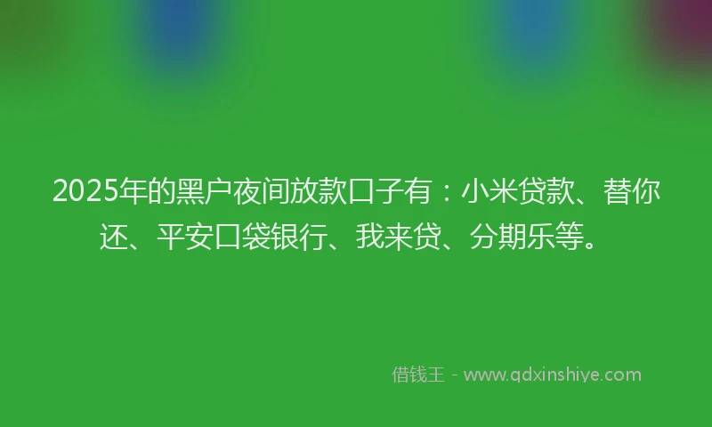 2025年的黑户夜间放款口子有：小米贷款、替你还、平安口袋银行、我来贷、分期乐等。