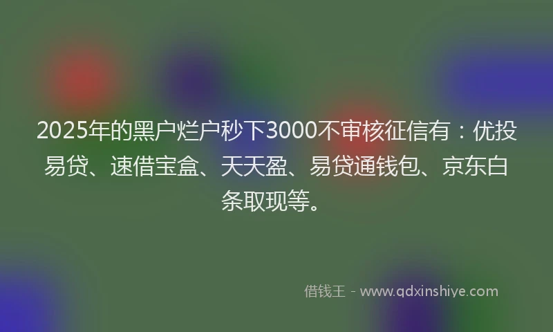 2025年的黑户烂户秒下3000不审核征信有：优投易贷、速借宝盒、天天盈、易贷通钱包、京东白条取现等。