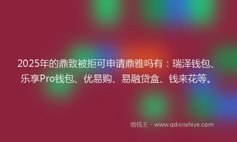 2025年的鼎致被拒可申请鼎雅吗有：瑞泽钱包、乐享Pro钱包、优易购、易融贷盒、钱来花等。