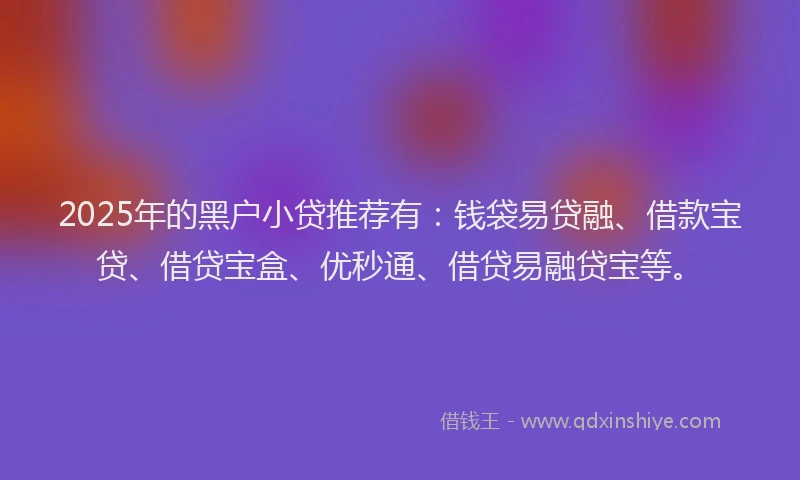 2025年的黑户小贷推荐有：钱袋易贷融、借款宝贷、借贷宝盒、优秒通、借贷易融贷宝等。