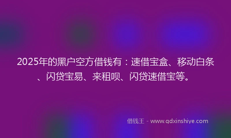 2025年的黑户空方借钱有:速借宝盒、移动白条、闪贷宝易、来租呗、闪贷速借宝等。