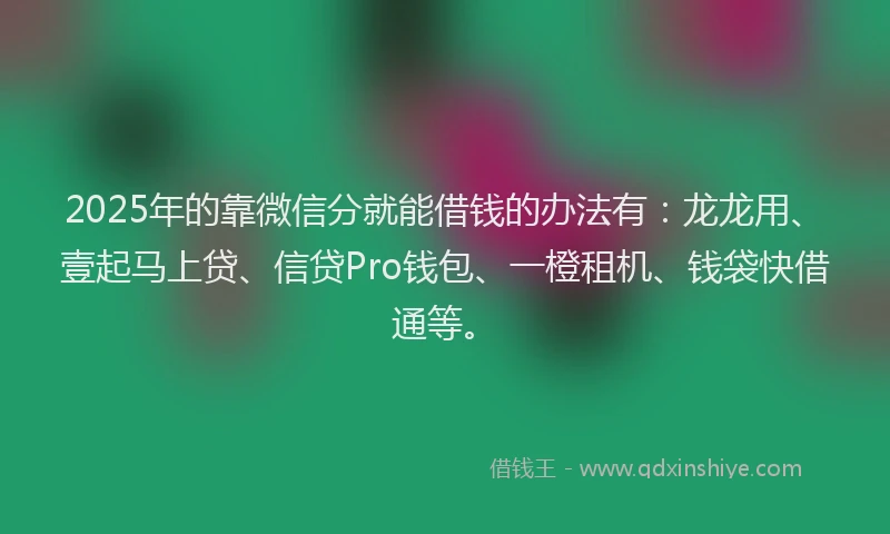 2025年的靠微信分就能借钱的办法有:龙龙用、壹起马上贷、信贷Pro钱包、一橙租机、钱袋快借通等。
