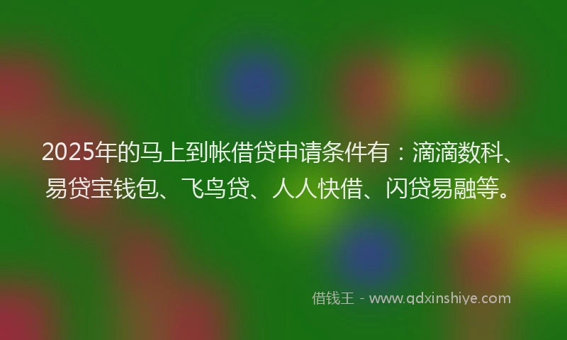 2025年的马上到帐借贷申请条件有：滴滴数科、易贷宝钱包、飞鸟贷、人人快借、闪贷易融等。