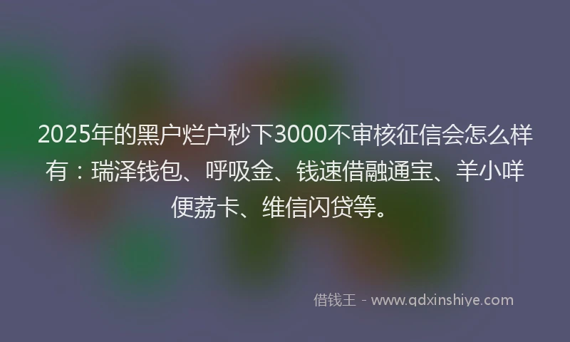 2025年的黑户烂户秒下3000不审核征信会怎么样有：瑞泽钱包、呼吸金、钱速借融通宝、羊小咩便荔卡、维信闪贷等。
