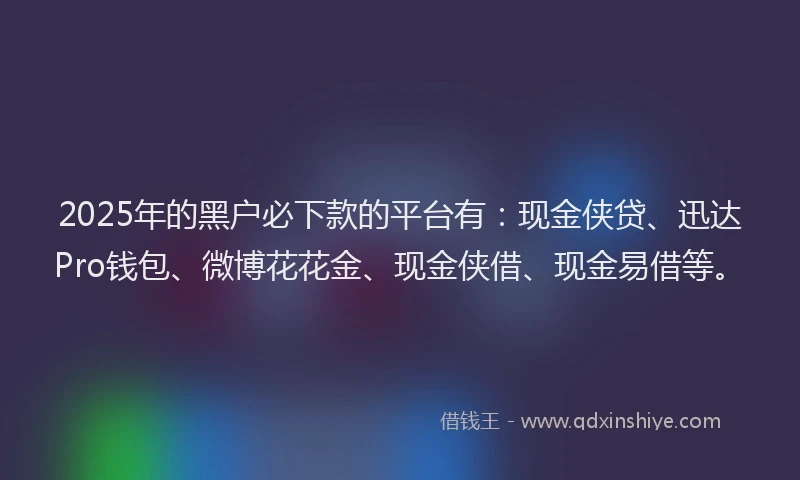 2025年的黑户必下款的平台有：现金侠贷、迅达Pro钱包、微博花花金、现金侠借、现金易借等。