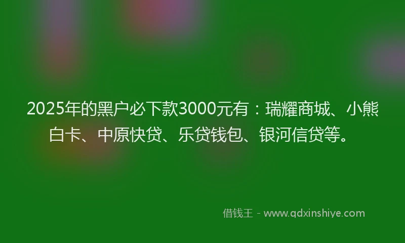 2025年的黑户必下款3000元有：瑞耀商城、小熊白卡、中原快贷、乐贷钱包、银河信贷等。