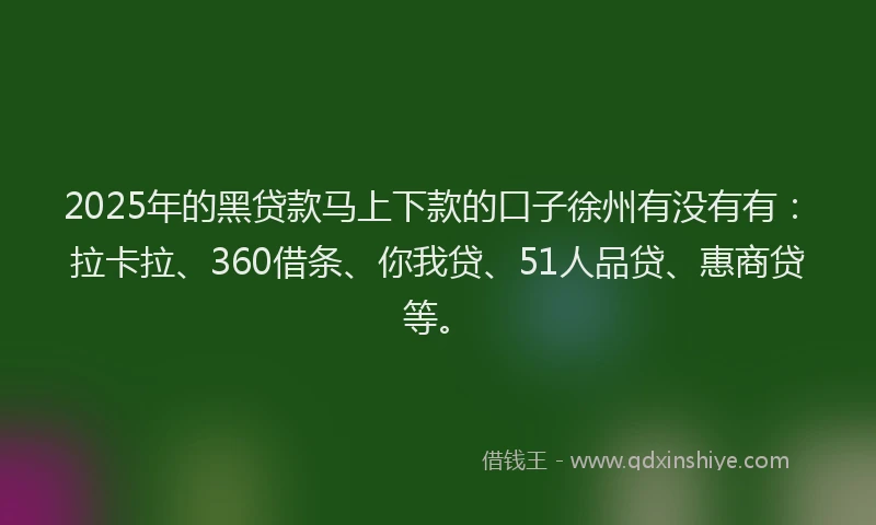 2025年的黑贷款马上下款的口子徐州有没有有：拉卡拉、360借条、你我贷、51人品贷、惠商贷等。