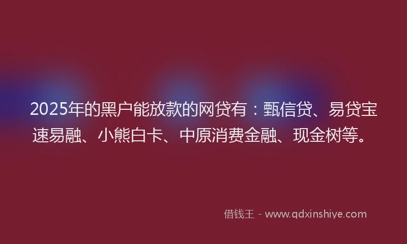 2025年的黑户能放款的网贷有：甄信贷、易贷宝速易融、小熊白卡、中原消费金融、现金树等。