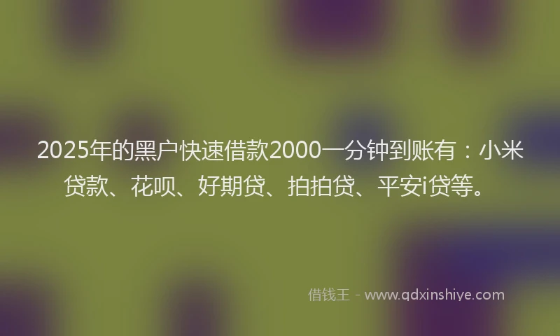 2025年的黑户快速借款2000一分钟到账有：小米贷款、花呗、好期贷、拍拍贷、平安i贷等。