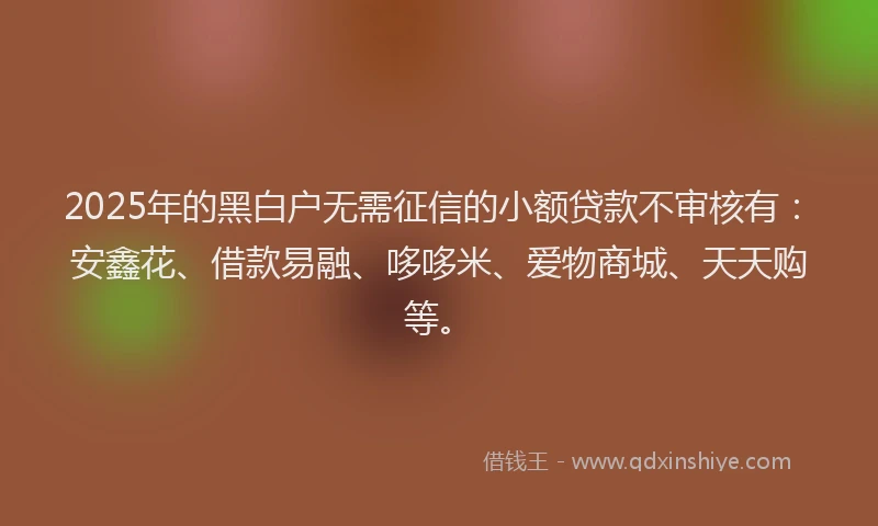 2025年的黑白户无需征信的小额贷款不审核有：安鑫花、借款易融、哆哆米、爱物商城、天天购等。