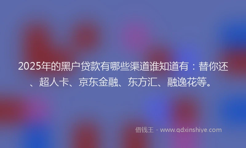 2025年的黑户贷款有哪些渠道谁知道有：替你还、超人卡、京东金融、东方汇、融逸花等。