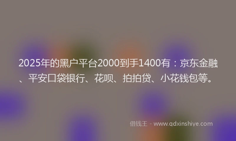 2025年的黑户平台2000到手1400有：京东金融、平安口袋银行、花呗、拍拍贷、小花钱包等。