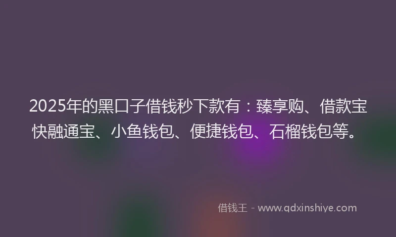 2025年的黑口子借钱秒下款有：臻享购、借款宝快融通宝、小鱼钱包、便捷钱包、石榴钱包等。