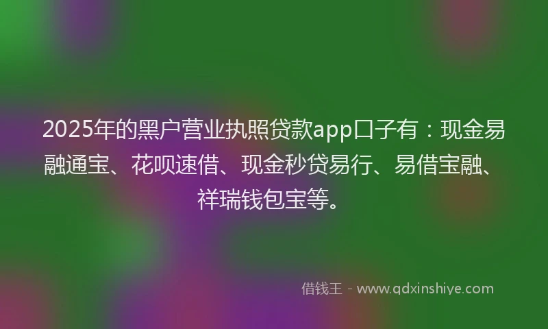 2025年的黑户营业执照贷款app口子有：现金易融通宝、花呗速借、现金秒贷易行、易借宝融、祥瑞钱包宝等。